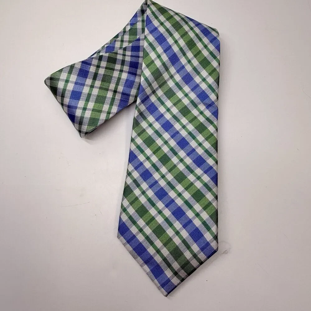 IZOD Green Blue And White Plaid 100% Silk Neck Tie